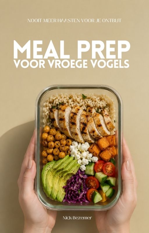 Ebook cover Meal Prep voor Vroege Vogels: een handenbak met gegrilde kip, avocado, groente en granen