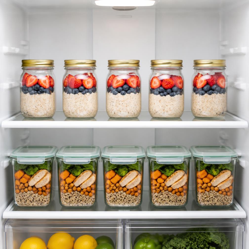Perfect georganiseerde koelkast met rijen identieke ontbijtpotjes en lunchboxen voor de hele werkweek